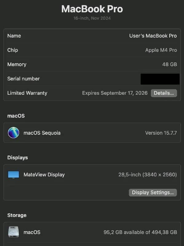 Macbook Pro 16» 48/512 M4 Pro черный в идеале с коробкой. Американская клавиатура. Батарея 100%, 45 — Батуми — 2 800 ₾