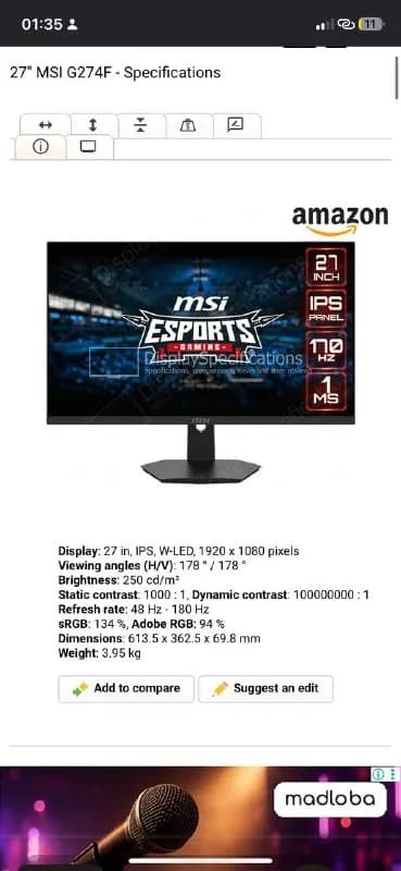 MSI G274F (27», IPS, 180 Гц) в отличном состоянии. Отличный вариант для динамичных киберспортивных и — Батуми