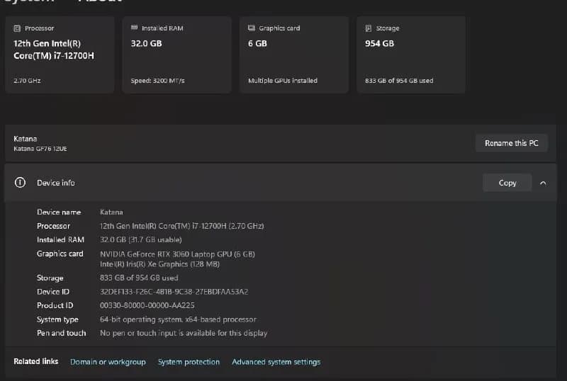 MSI Katana 76, 32GB, 1TB SSD, RTX 3060 — Тбилиси — 2 300 ₾