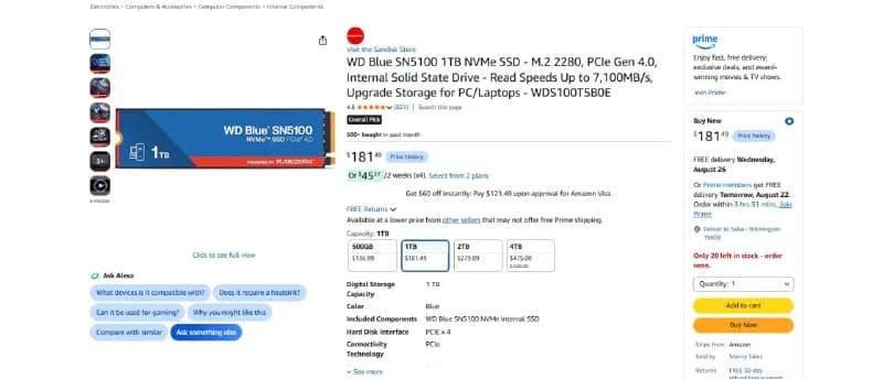 Новый SSD M2 NVMe WD Blue SN5100 1TB — Тбилиси — 360 ₾