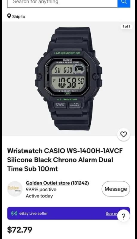 Wristwatch CASIO WS-1400H-1AVCF Silicone Black Chrono Alarm Dual Time Sub 100mt — Батуми — 80 ₾