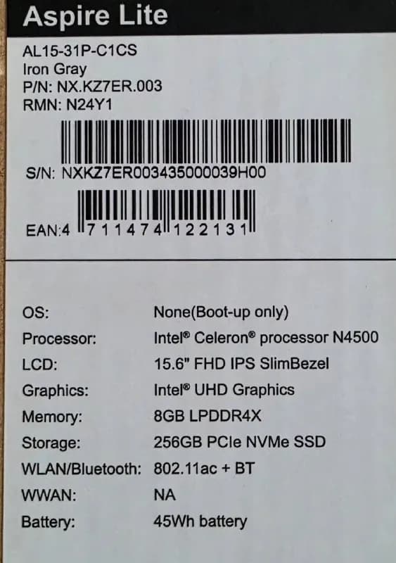 Acer Aspire Lite AL15-31P — НОВЫЙ (в упаковке) — Тбилиси — 650 ₾