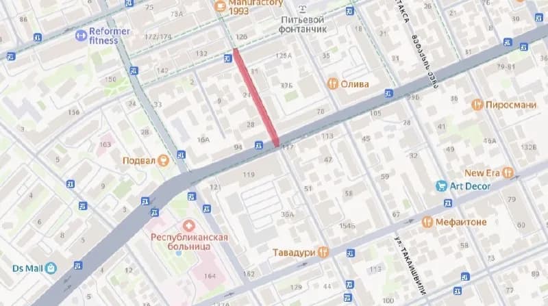 21:00 16 июня по 30 июня будет запрещено движение на участке улицы Лермонтова [от Горгасали до Чавча — Батуми